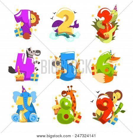Happy Birthday, Anniversary Numbers With Cute Animal Characters Set, Funny Lion, Zebra, Whale, Snake