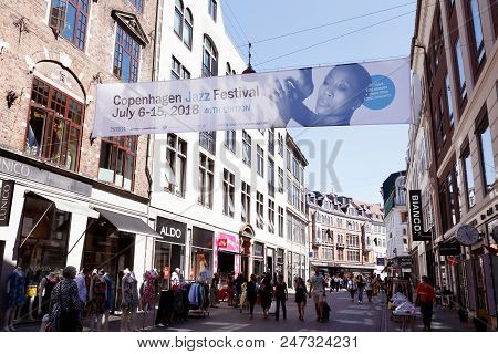 Copenhagen, Denmark - June 27, 2018: An Advertisement Banner Above The Stroget Street For The Copenh