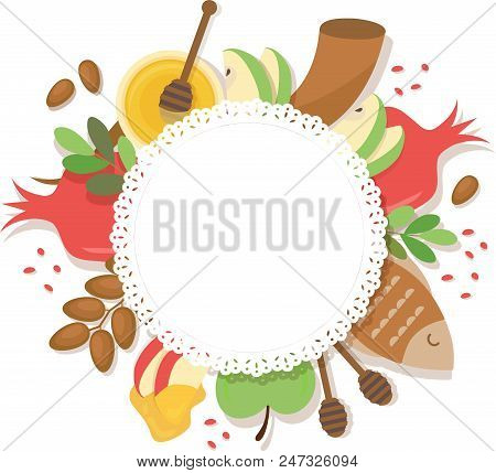 Symbols Of Jewish Holiday Rosh Hashana , New Year. Vector Illustration
