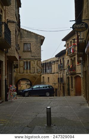 Picturesque And Narrow Streets On A Very Cloudy Day In San Vicente De La Sonsierra. Architecture, Ar