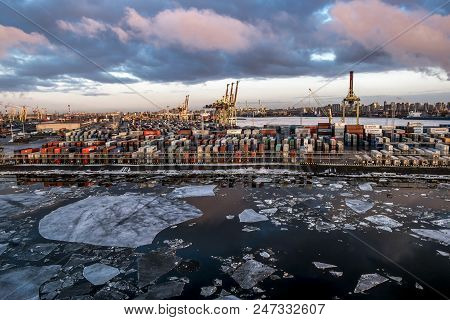 Saint-petersburg.russia.6 April 2018. Cranes  And Ships In The Marine Cargo Port Of Saint-petersburg