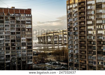 Saint-petersburg.russia.6 April 2018.view Of The Bridges Of The Ring Road Between The Houses On Kano