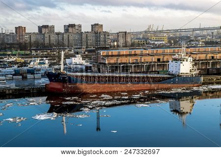 Saint-petersburg.russia.6 April 2018. Cranes  And Ships In The Marine Cargo Port Of Saint-petersburg