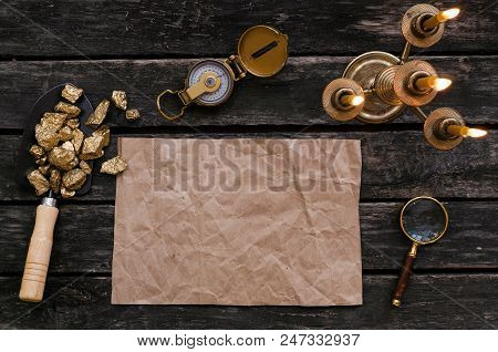 Blank Paper Page With Copy Space For Treasure Map, Compass, Magnifier Loupe And Shovel Full Of Gold 