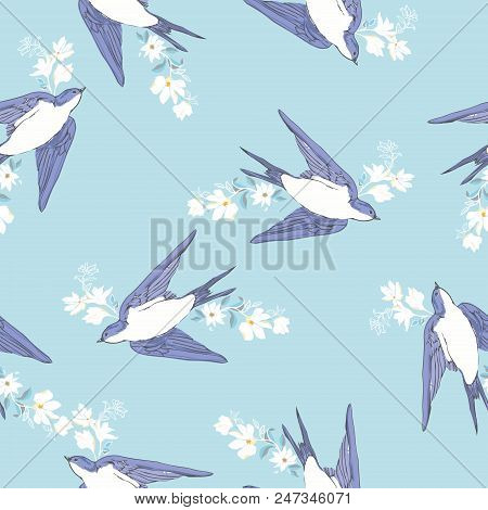 Vintage Pattern With Little Swallows, Illustration, Vector