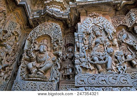 Ornate Wall Panel Reliefs Depicting Dancing Ganesha On The Left And Goddess Kali On The Right, Hoysa