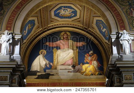 PARIS, FRANCE - JANUARY 05: Saint Francis Xavier presenting to Jesus Christ the people he has converted, St Francis Xavier's Church in Paris, France on January 05, 2018.