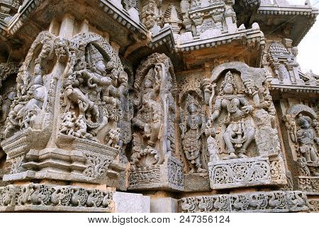Ornate Wall Panel Reliefs Depicting From Left Dancing Shiva, Krishna As Kaliya-mardana And A Deity A