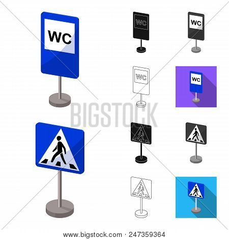 Different Types Of Road Signs Cartoon, Black, Flat, Monochrome, Outline Icons In Set Collection For 