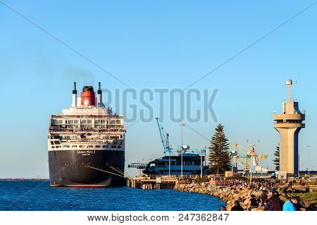 Adelaide, Australia - February 16, 2018: Cunard Line Rms Queen Mary 2 With People On Board Ready For