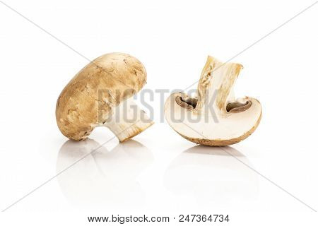 One Brown Champignon With A Sliced Half Isolated On White Background Fresh Raw Mushroom Cross Sectio
