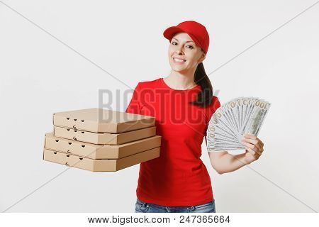 Delivery Woman In Red Cap, T-shirt Giving Food Order Italian Pizza In Cardboard Flatbox Boxes Isolat