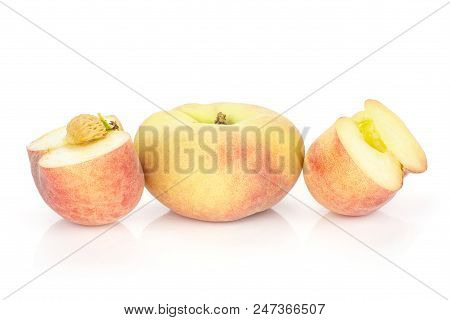 One Fresh Ripe Saturn Peach With Two Halves Isolated On White Background