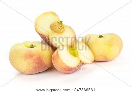 Fresh Ripe Saturn Peaches And Two Sliced Halves Isolated On White Background