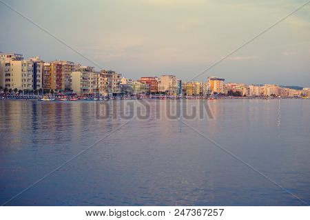 Durres, Albania - June, 2018: View From Sea To The City Of Durres In The Adriatic Sea During Sunset.