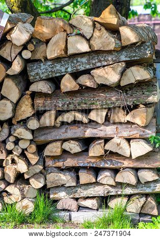 Dry Chopped Firewood Logs Arranged On The Grass