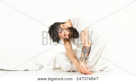 Sleeping Bearded Man On White Background. Guy With Beard And Mustache Fall Asleep While Sitting In B