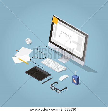 Vector Isometric Illustration Of Freelancer Workspace. Laptop With Graphic Design Software, Graphics