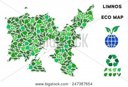 Ecology Limnos Greek Island Map Mosaic Of Herbal Leaves In Green Color Variations. Ecological Enviro