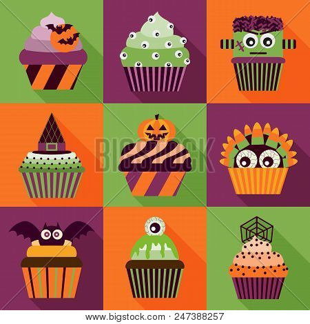 Halloween Cupcakes Icons With Long Shadow. Scary Sweets Collection. Decorated Spooky Chocolate Monst