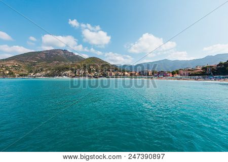 Beautiful Summer Levanto Village Coast View From Excursion Ship. Right Near Famous  Cinque Terre Nat