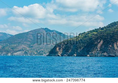 Beautiful Summer Levanto Village Coast View From Excursion Ship. Right Near Famous  Cinque Terre Nat