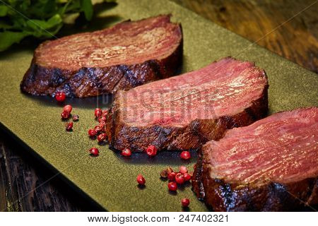 Sous-vide Steak Cut Into Pieces, Cooked To Eat Beef On The Stone Table. Shallow Dof