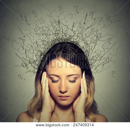 Closeup Sad Young Woman With Worried Stressed Face Expression And Brain Melting Into Lines Question 