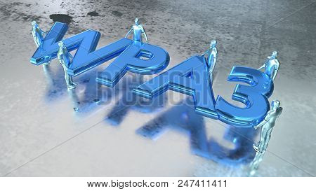 Word Wps3 In Metal Blue Carried By Several People On Shiny Wet Metal Floor 3d Illustration