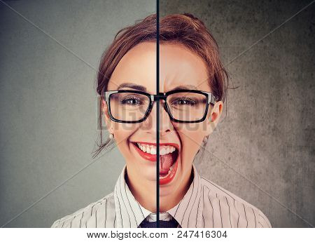 Bipolar Disorder Concept. Young Woman With Double Face Expression Isolated On Gray Background