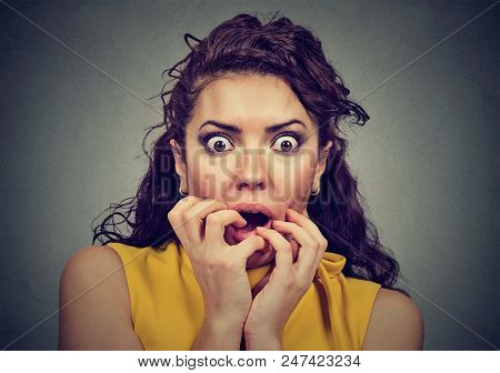 Scared Shocked Woman Isolated On Gray Background