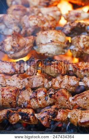 meat kebab shashlik on skewers  and grill with flame