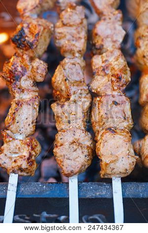meat kebab shashlik on skewers  and grill with flame