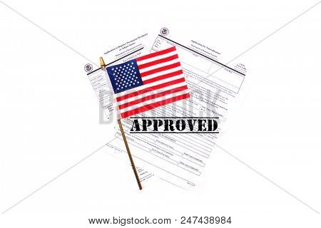 US Citizen Ship application. USA Application for Citizenship and resident alien paperwork. Politics and immigration concepts. 