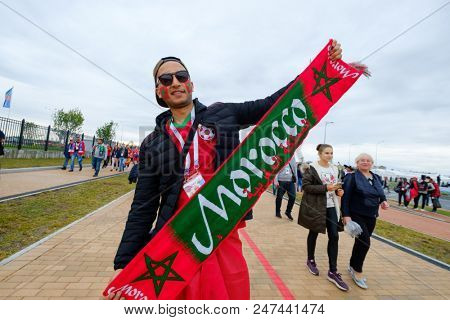 Kaliningrad - Russia, May 25, 2018: Football fans attend stadion Kaliningrad before match between Spain and Marocco