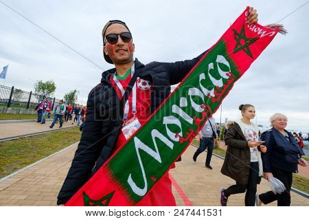 Kaliningrad - Russia, May 25, 2018: Football fans attend stadion Kaliningrad before match between Spain and Marocco