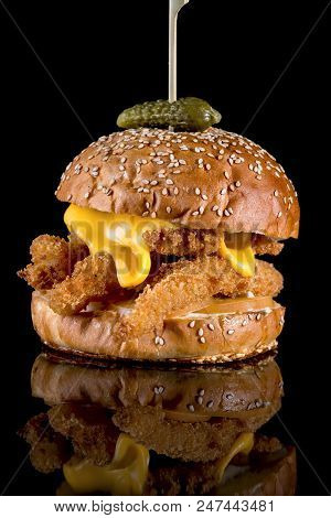 King Fisher Burger - Breaded Fish Filets, American Cheese Slice And Tartar Sauce With Reflection Iso