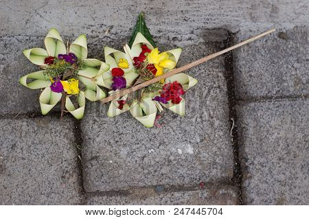 Flower Donation For Balinese Gods In Temple