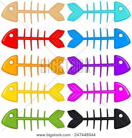 Colorful Cartoon Fish Skeleton Set. Simple Toy For Domestic Animal. Pet Care Themed Vector Illustrat