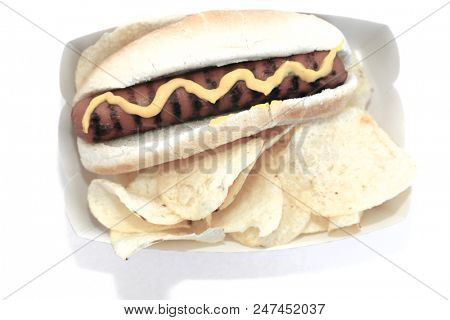 Hot Dog. Colorized gray scale hot dog in bun with yellow mustard. isolated on white. room for text. unappetizing image. 