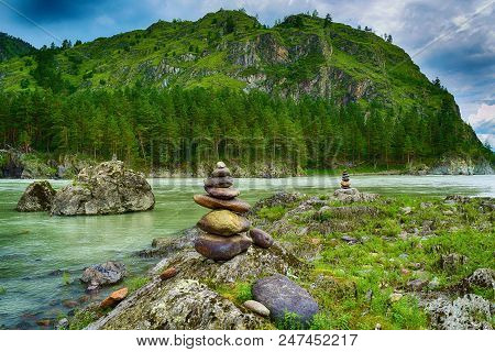 Stone Pyramid On Katun River Coast In Altai Mountains. Chemal, Altay Republic, Siberia, Russia.