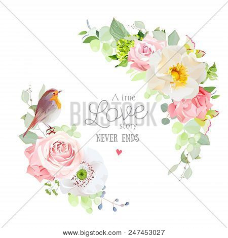 Floral Vector Round Frame With Pink Rose, Hydrangea, Carnation Flowers, White Poppy, Mixed Plants An