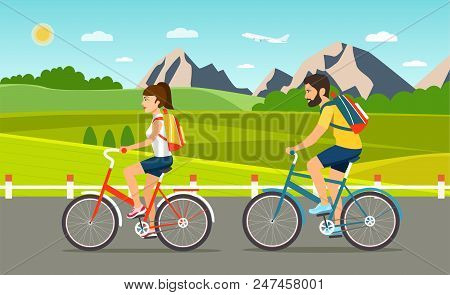 Young Woman And Man Ride The Bike. Summer Moutain Landscape. Flat Vector Illustration