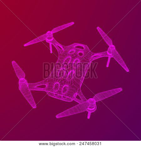 Remote Control Air Drone. Dron Flying With Action Video Camera. Wireframe Low Poly Mesh Vector Illus