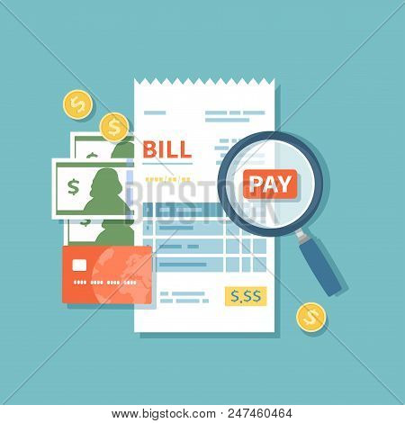 Bill Paying. Paper Check, Reciept, Invoice, Order Icon. Bill With Magnifying Glass, Cash Money Bankn
