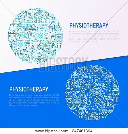 Physiotherapy Concept In Circle With Thin Line Icons: Rehabilitation, Physiotherapist, Acupuncture, 
