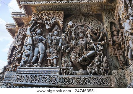 Sculpture Of Dancing Shiva, Hoysaleshwara Temple, Halebidu, Karnataka, India View From West