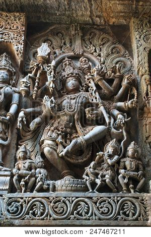 Sculpture Of Dancing Shiva, Hoysaleshwara Temple, Halebidu, Karnataka, India View From West