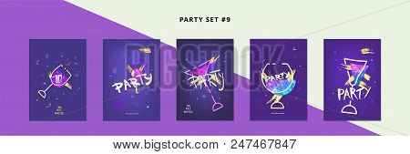 Set Of Party Banners With Wineglasses Shapes. Vertical Flyers For Holiday Design With  Geometric Shi