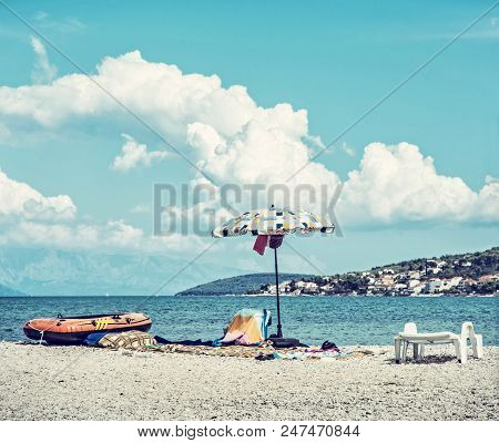 View From The Pantan Beach In Trogir To The Ciovo Island, Croatia. Summer Vacation. Destination Scen